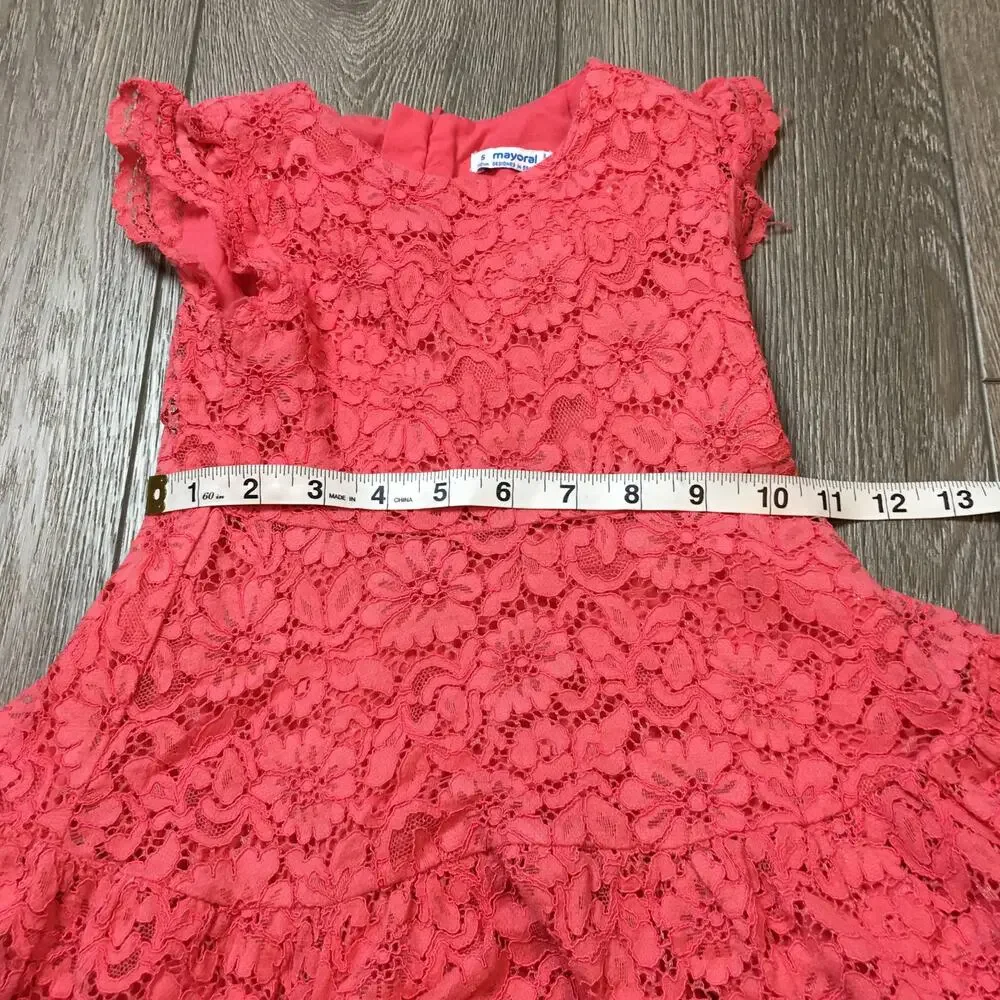 Mayoral Spain Cut Out Lace Coral Flutter Sleeve Toddler Girl Swing Dress 5T